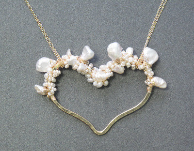 Necklace 270 Hammered Heart With Keshi & Ivory Pearls